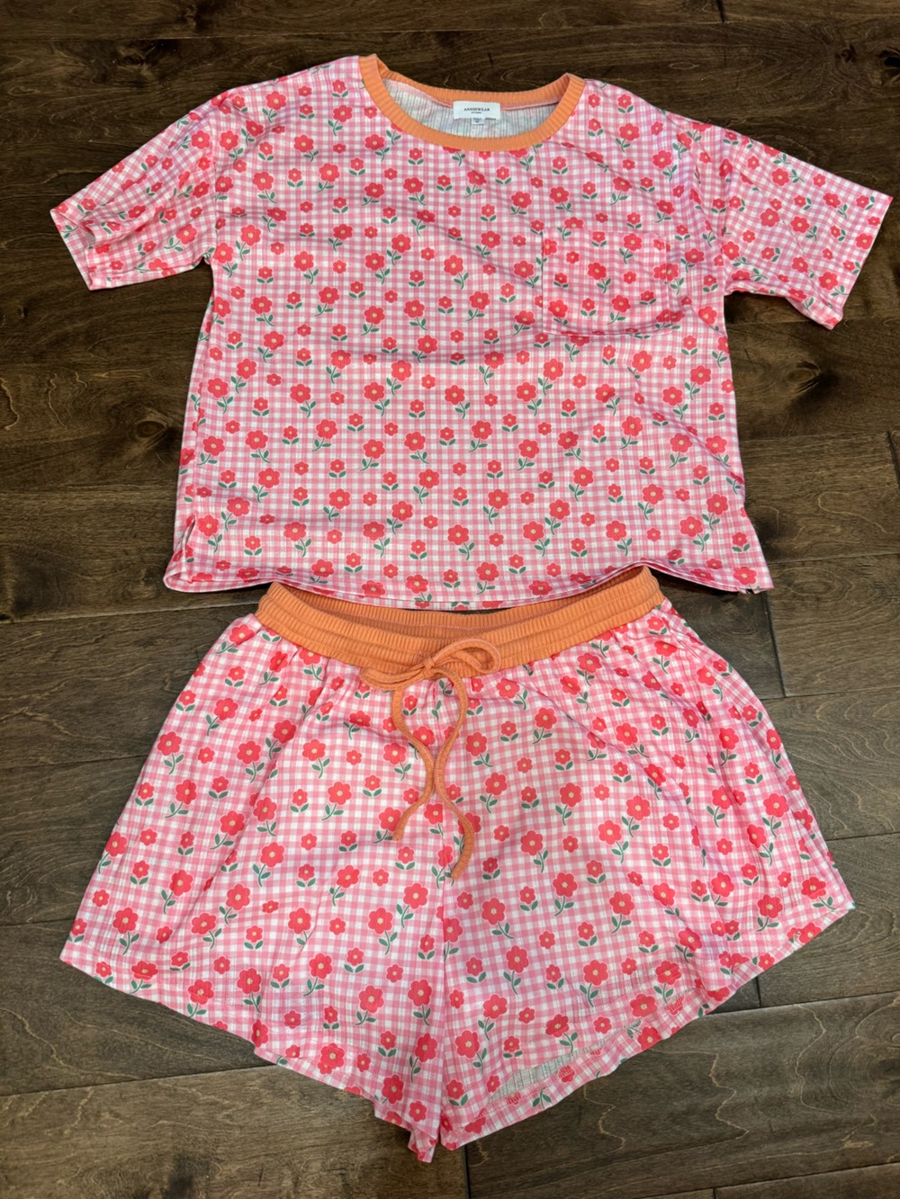Annie Pink Floral Gingham Set with Orange Waistband